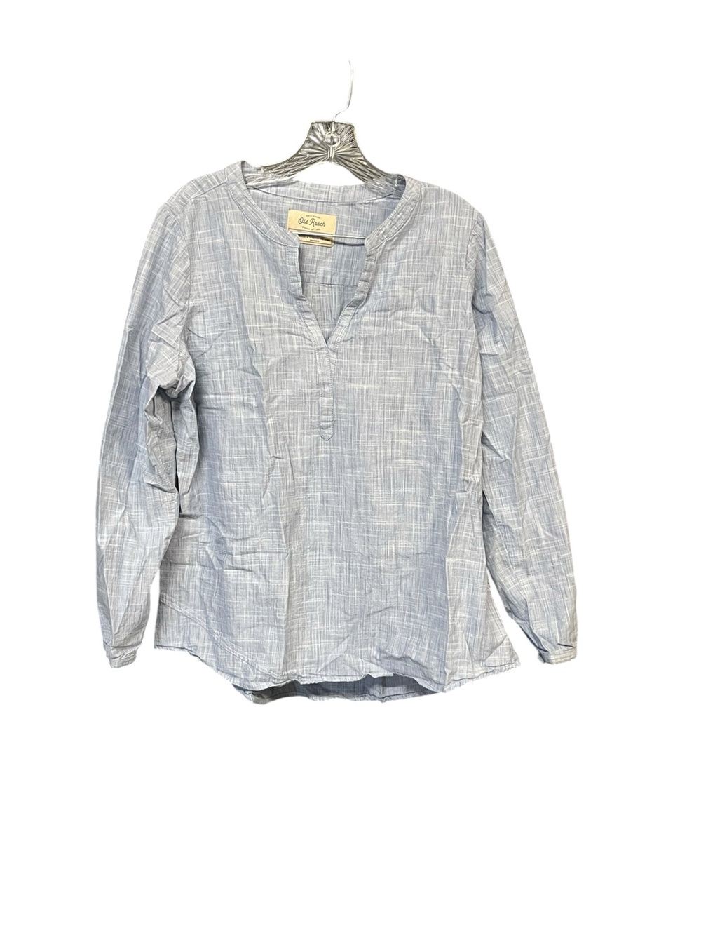 Old Ranch Women’s Popover Blouse Large Blue 100% Cotton Long Sleeve Casual Top